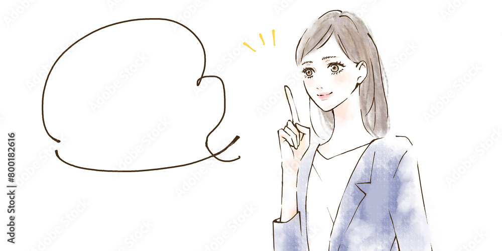 笑顔で働く女性 スーツ 指差しポーズ