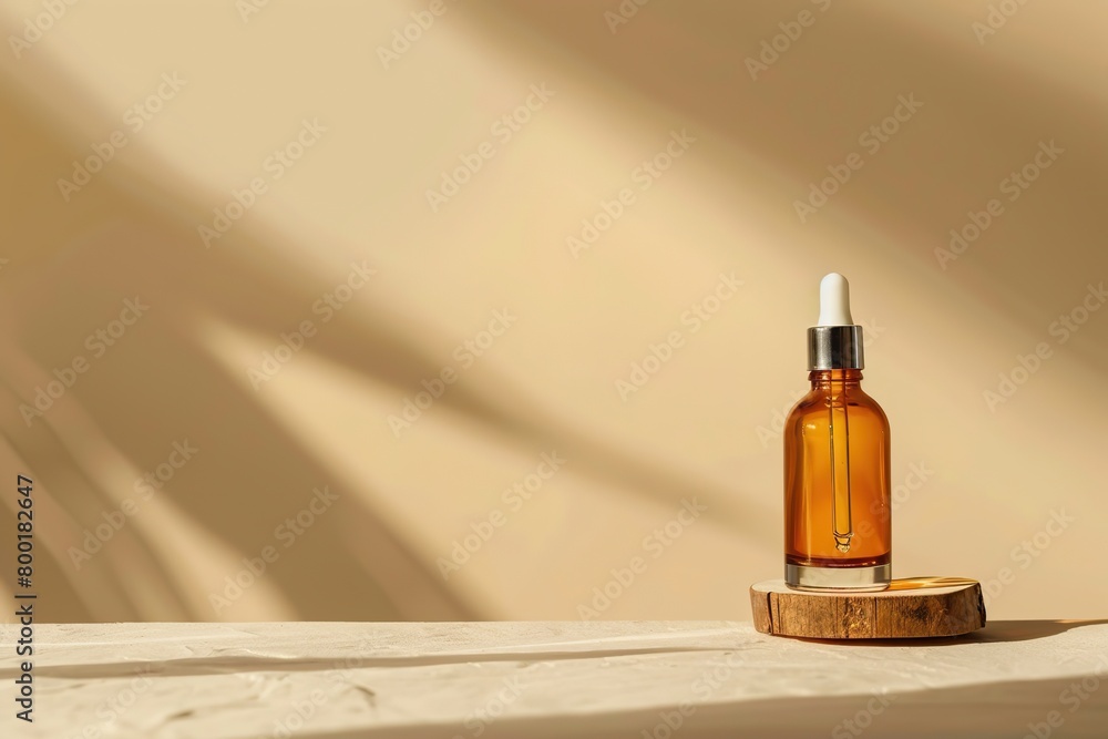 Dark amber glass bottle standing on cylinder. Natural skin care SPA beauty product design. Mineral organic oil cosmetics on beige background. Mock-Up. Oily pipette. Face and body treatment. Front view Dark amber glass bottle standing on cylinder. Natural skin care SPA beauty product design. Mineral organic oil cosmetics on beige background. Mock-Up. Oily pipette. Face and body treatment. Front view