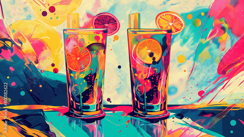 Wow pop art cocktail. Colorful background in pop art retro comic style. Summer concept pop art