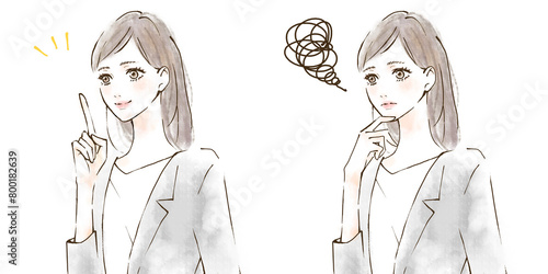 働く女性のイラストセット　質問　解決　指差しポーズ