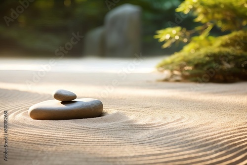 Zen garden with smooth stones and raked sand under soft morning light