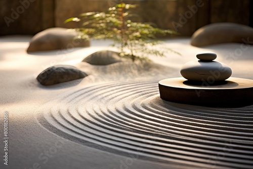Zen garden with smooth stones and raked sand under soft morning light
