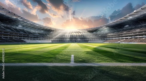 A photo of a soccer stadium with green grass and a blue sky. photo