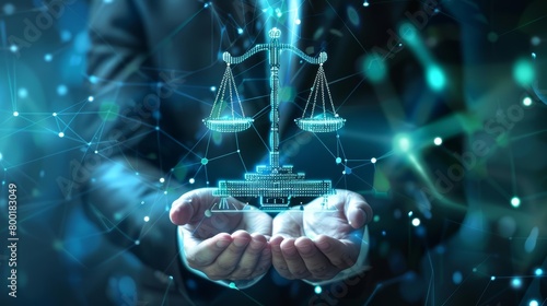 The scales of justice are balanced between a lush green tree and a glowing blue circuit board. photo