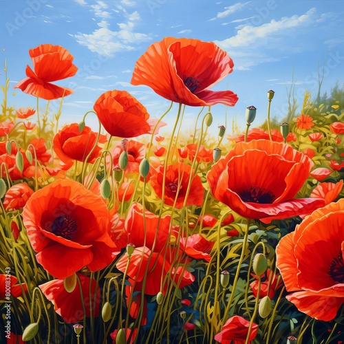 A field of bright red poppies blowing in the breeze  vibrant and eyecatching