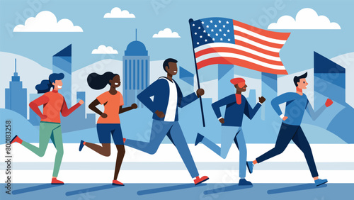 The sound of footsteps echoing on the pavement as a line of runners make their way through the city. Each one carrying a flag with the stars and. Vector illustration