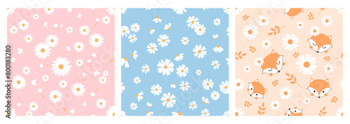 Seamless pattern with daisy flower, butterfly, branch and fox cartoons on pink, blue and orange backgrounds vector.