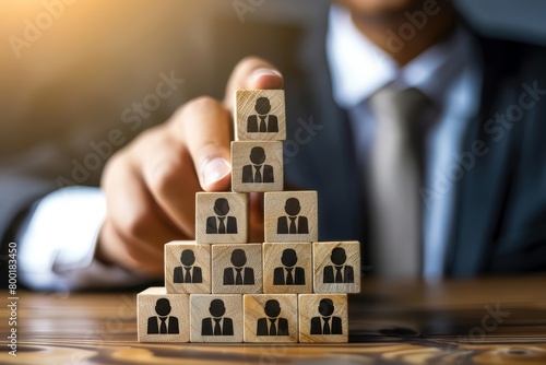 A business person stacking wooden blocks with people icons on them to make a pyramid.