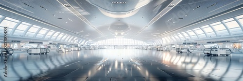 futuristic airport terminal interior with escalators and large glass windows
