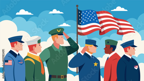 With a sense of duty and honor these veterans raise their hands in a salute to the flag a symbol of their commitment to defending their country.. Vector illustration