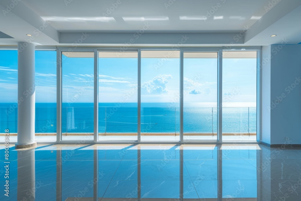 Fototapeta premium The empty apartment, with its sleek minimalist furnishings, exuded an air of modern luxury, heightened by the panoramic vista of the sea stretching out before it