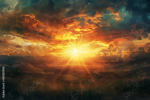 The rebirth summer solstice illuminates the sky with warm, golden hues, realistic cinematic color high detail landscape background photo