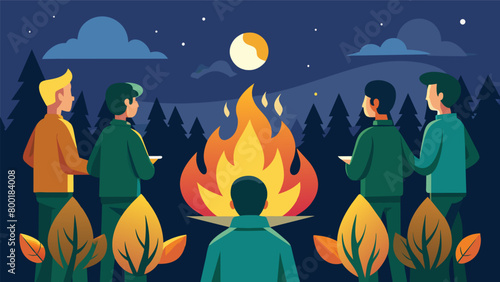 The glow of the fire casting a warm and peaceful light on the faces of the scouts and attendees as they watch the retirement ceremony.. Vector illustration