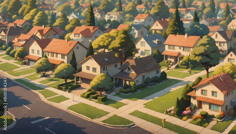 Minimalistic flat suburban neighborhood with manicured lawns and tree-lined streets.