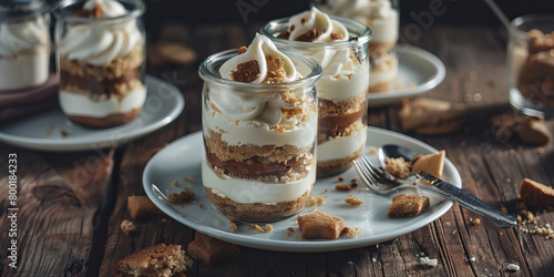 Dessert with cream and biscuit in cups
 photo