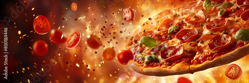 A delicious, high-resolution image of a pizza with toppings mid-explosion, emphasizing movement and taste