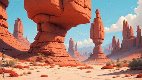 Minimalistic flat red rock formations in a desert canyon.