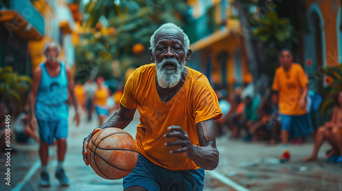 A man runs focused while playing basketball to throw the ball into the basket