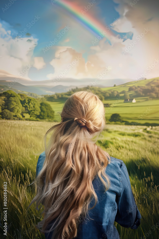 A girl with long hair looks into a field with a rainbow over it
