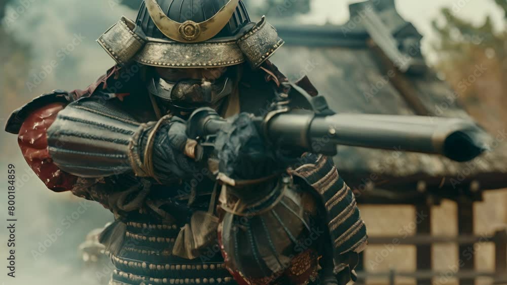 A man in a samurai costume is holding a gun. The image has a mood of action and adventure A man in a samurai costume is holding a gun. The image has a mood of action and adventure