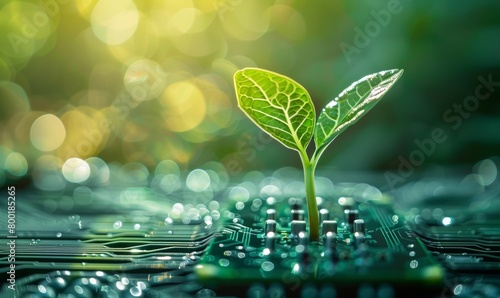 Green plant on computer circuit board, innovation and sustainability concept.