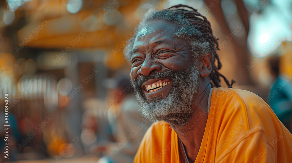 laughing adult man with a beard and mustache, wearing an orange T-shirt, street photo