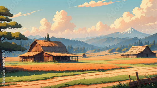 Minimalistic flat rustic farmland with old wooden barns.