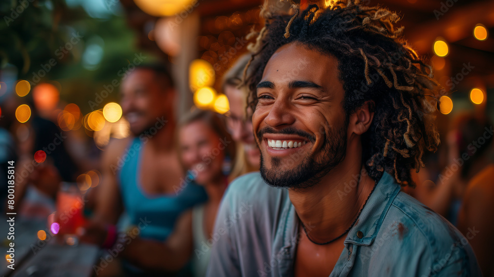 A smiling young man in a light blue shirt with dreadlocks having fun at a festival among people A smiling young man in a light blue shirt with dreadlocks having fun at a festival among people