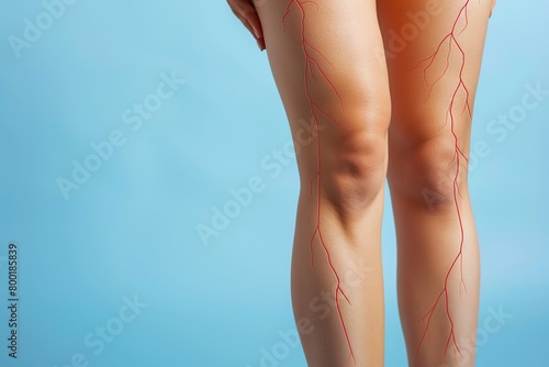Patient with sign of varicose veins symptoms on a legs. Blue background. Leg pain. Phlebology. Venous pathologies of the lower extremities. Human vessel, arteries. Capillaries. Blood system. Banner