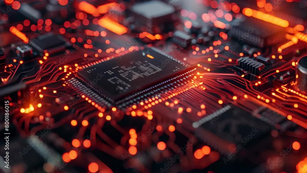 A close up of a computer chip with a red background. The chip is surrounded by a red glow, giving the impression of a glowing circuit board. Concept of technology and innovation A close up of a computer chip with a red background. The chip is surrounded by a red glow, giving the impression of a glowing circuit board. Concept of technology and innovation