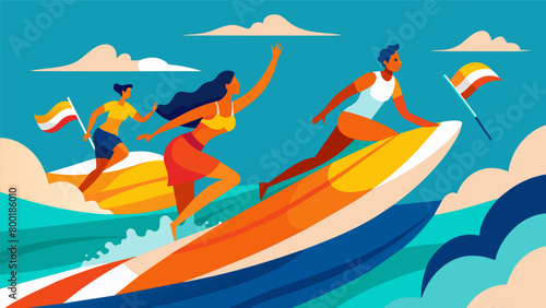 The salty breeze carries the sound of drums and tets as the surfers glide on the waves on their uniquely painted boards paying tribute to their. Vector illustration