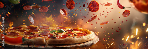Crisp image depicting a delectable pizza slice with dynamic ingredients in a weightless, delicious display