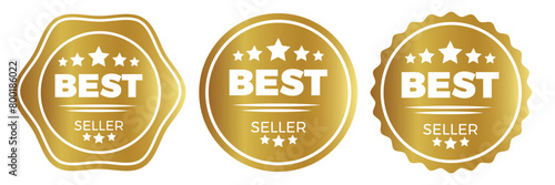 Sticker best seller set isolated premium quality in gold color perfect for mark best seller product. Set of best seller premium luxury metal emblem tag or sticker. 