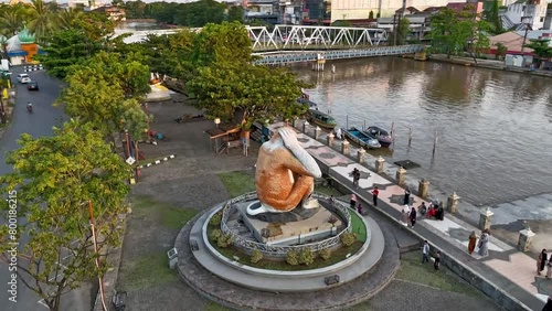 View of the proboscis monkey statue in the city of Banjarmasin, South Kalimantan from a drone photo