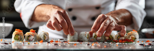 In an elegant kitchen, a professional chef carefully arranges freshly made sushi on a plate with a focused expression on precision