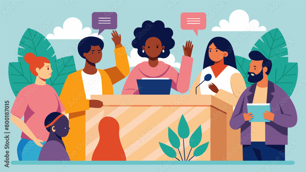 In a bustling community center a group of activists sit on a panel and take turns sharing their thoughts on the continued importance of Juneteenth and. Vector illustration In a bustling community center a group of activists sit on a panel and take turns sharing their thoughts on the continued importance of Juneteenth and. Vector illustration