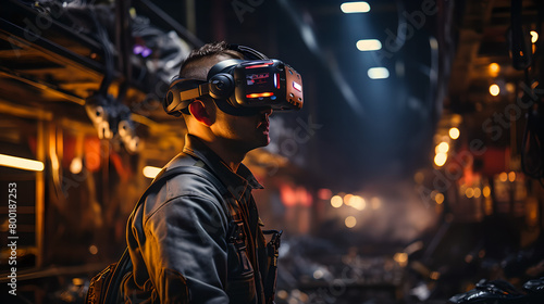 A factory worker wearing virtual reality glasses stands next to the machine, realism