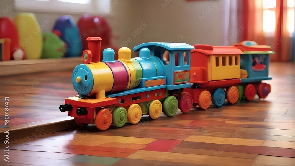 A colorful wooden toy train set chugging along its tracks on a vibrant playroom floor