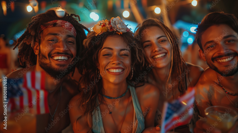 Four friends are having fun at a party and smiling at the camera