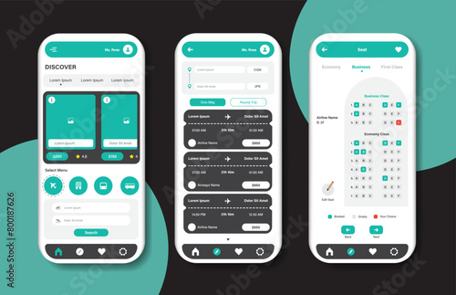 Online airline ticket booking design for mobile application. Airline ticket booking platform screen. Graphical user interface for responsive mobile applications