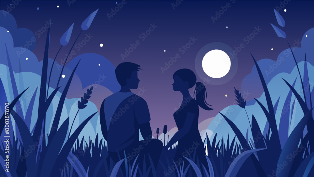 Two figures shrouded in a dense field of tall grass bask in the serenity of the moon while sharing a meaningful conversation.. Vector illustration