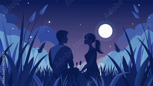 Two figures shrouded in a dense field of tall grass bask in the serenity of the moon while sharing a meaningful conversation.. Vector illustration