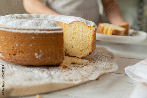 Fresh cut whole bundt cake on a table