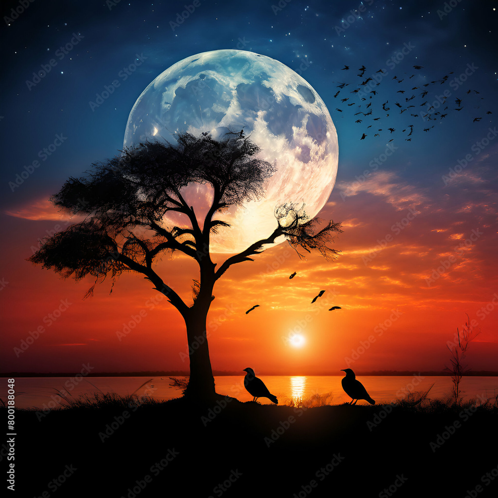 silhouette of birds with a lone tree in the background big full moon at amazing sunset elements, of this image furnished,generate ai
