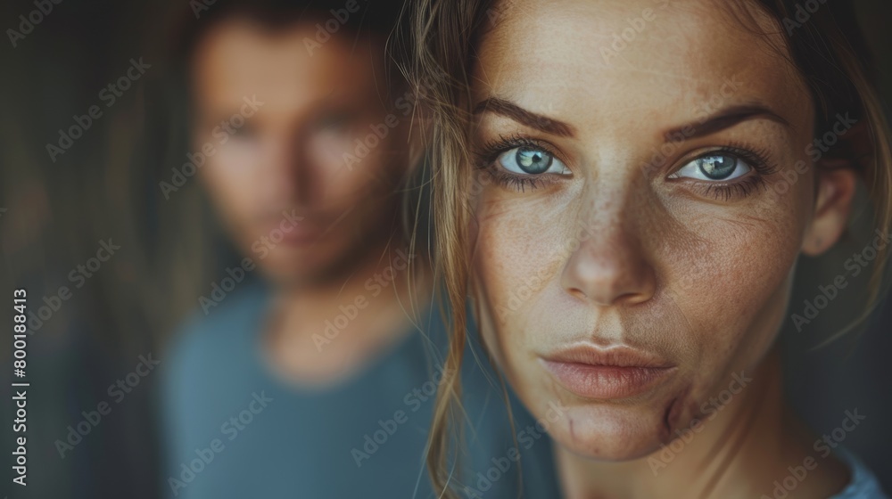 Domestic violence, with a distressed, physically and emotionally abused woman in the foreground - and the blurry abusive man in the background. Domestic violence, with a distressed, physically and emotionally abused woman in the foreground - and the blurry abusive man in the background.