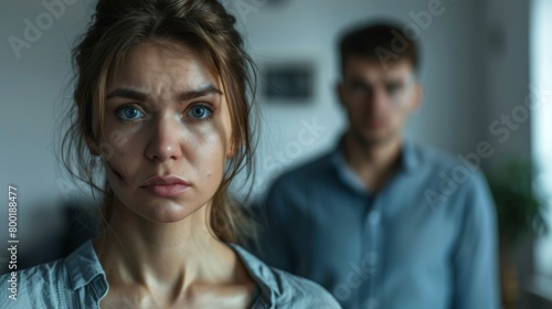 Domestic violence, with a distressed, physically and emotionally abused woman in the foreground - and the blurry abusive man in the background. © AIExplosion