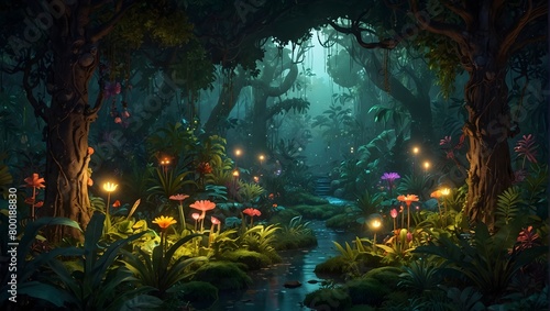 An enchanted cartoon jungle with glowing plants and mystical creatures ai_generated