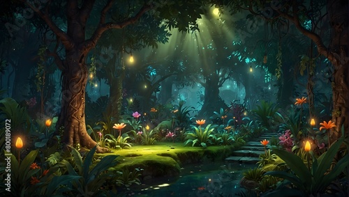 An enchanted cartoon jungle with glowing plants and mystical creatures ai_generated © Haroon