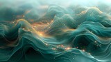 Opulent Motion: Abstract Digital Art with Emerald Green Waves and Glowing Golden Accents