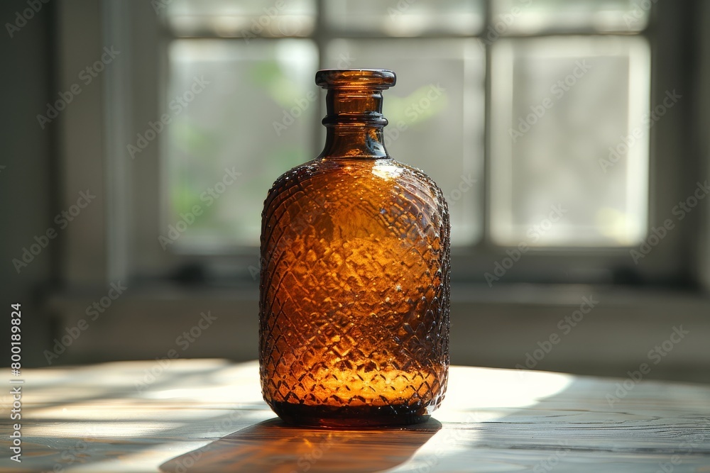 A close up of a classic glass bottle placed on the table against a decoration background shot in a studio. A close up of a classic glass bottle placed on the table against a decoration background shot in a studio.